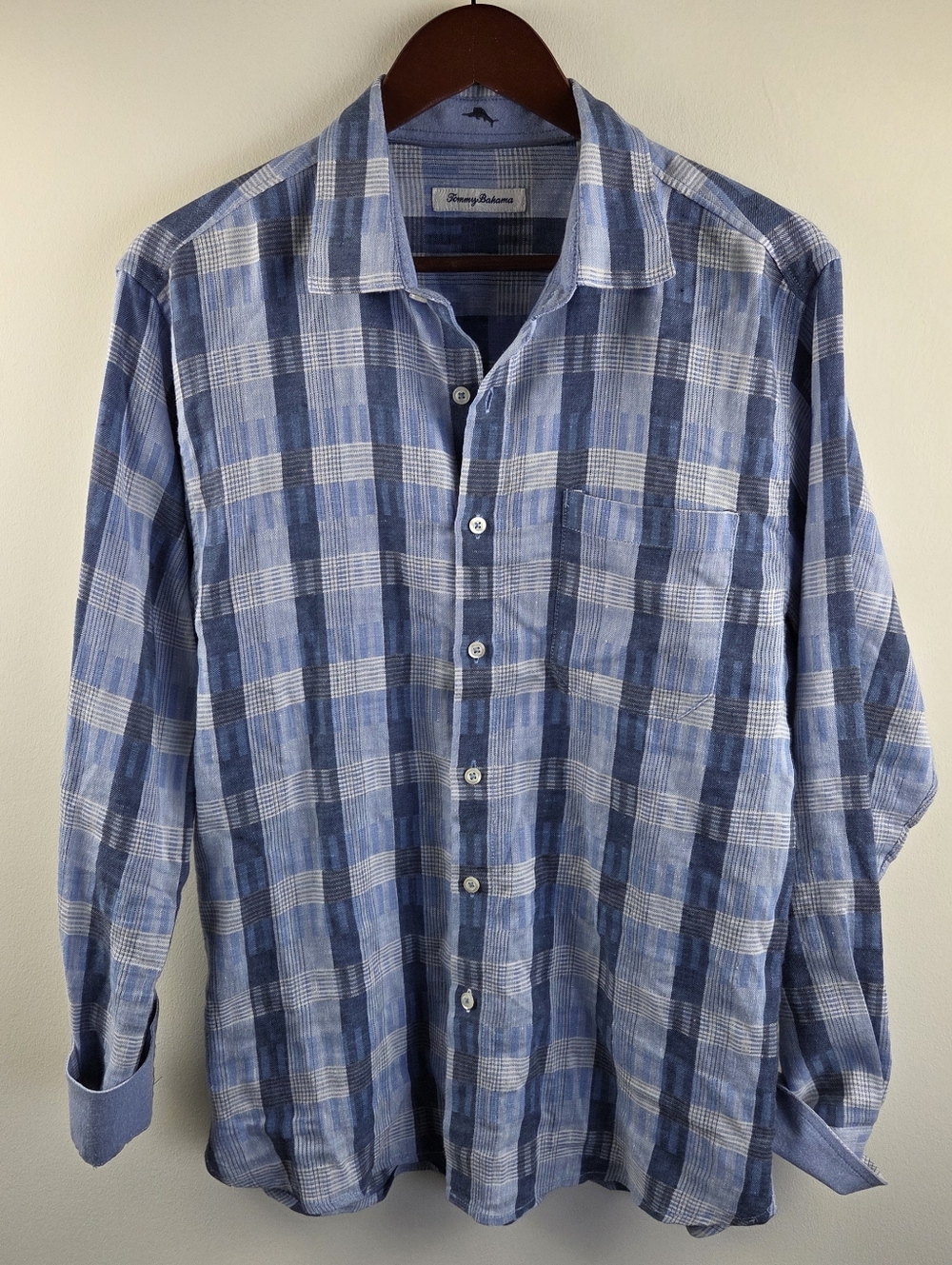 Tommy Bahama Shirt Mens Medium Blue Long Sleeve Button Down Plaid Linen Blend